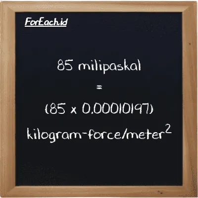 Cara konversi milipaskal ke kilogram-force/meter<sup>2</sup> (mPa ke kgf/m<sup>2</sup>): 85 milipaskal (mPa) setara dengan 85 dikalikan dengan 0.00010197 kilogram-force/meter<sup>2</sup> (kgf/m<sup>2</sup>)